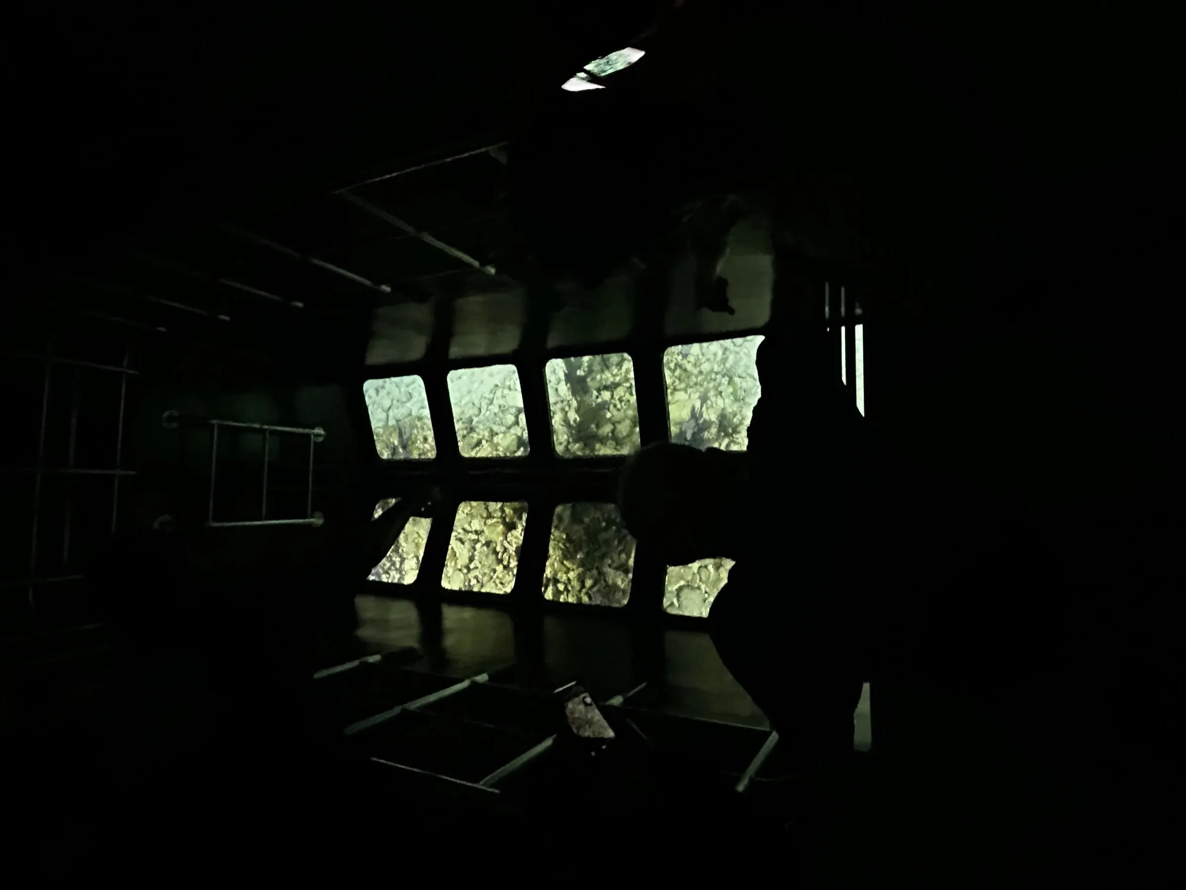 Darkened lower viewing cabin with the reef glowing through the windows