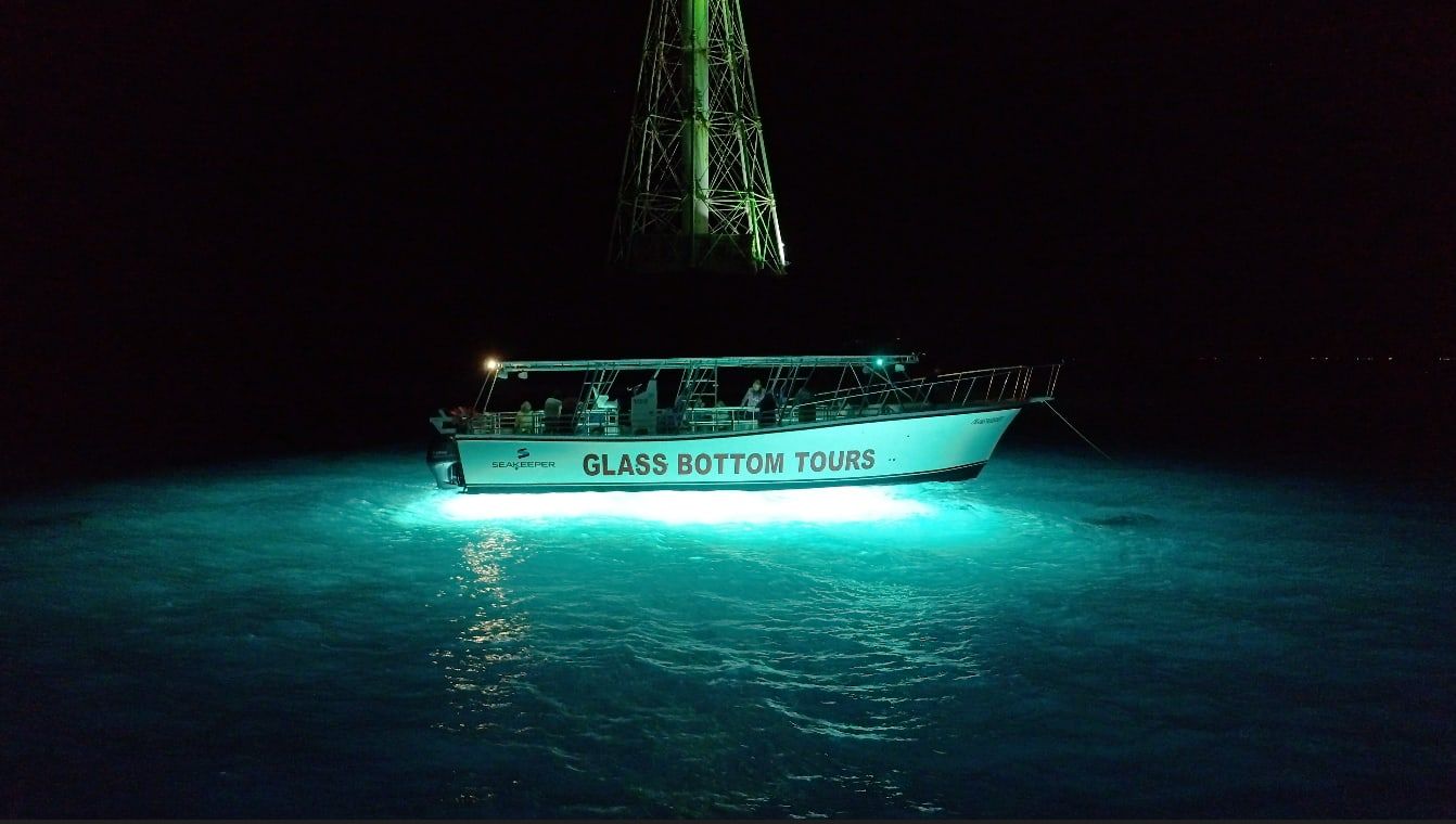 The Transparensea at night with underwater lights glowing turquoise around the hull