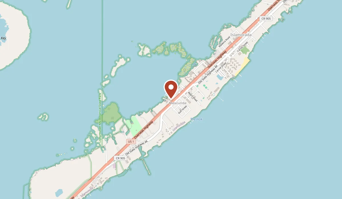 Map of Islamorada with a pin at World Wide Sportsman Bayside Marina on the bay side of the Overseas Highway, Upper Matecumbe Key