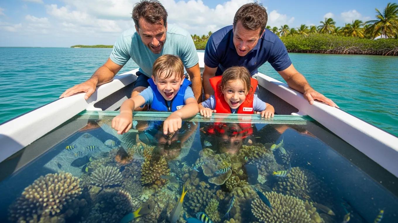 Family enjoying a glass bottom boat tour in the Florida Keys, pointing at marine life