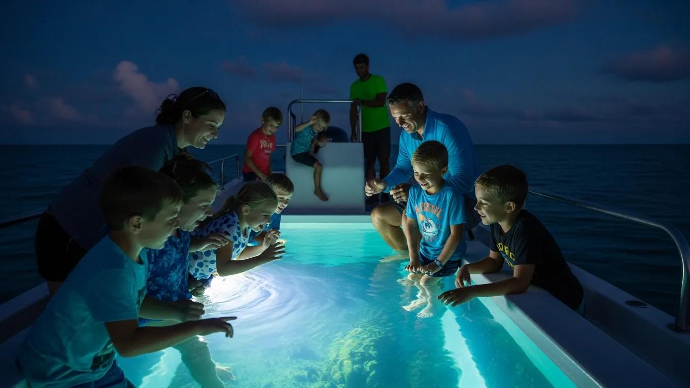 Family enjoying a glass bottom boat tour, observing nocturnal marine life in the Florida Keys