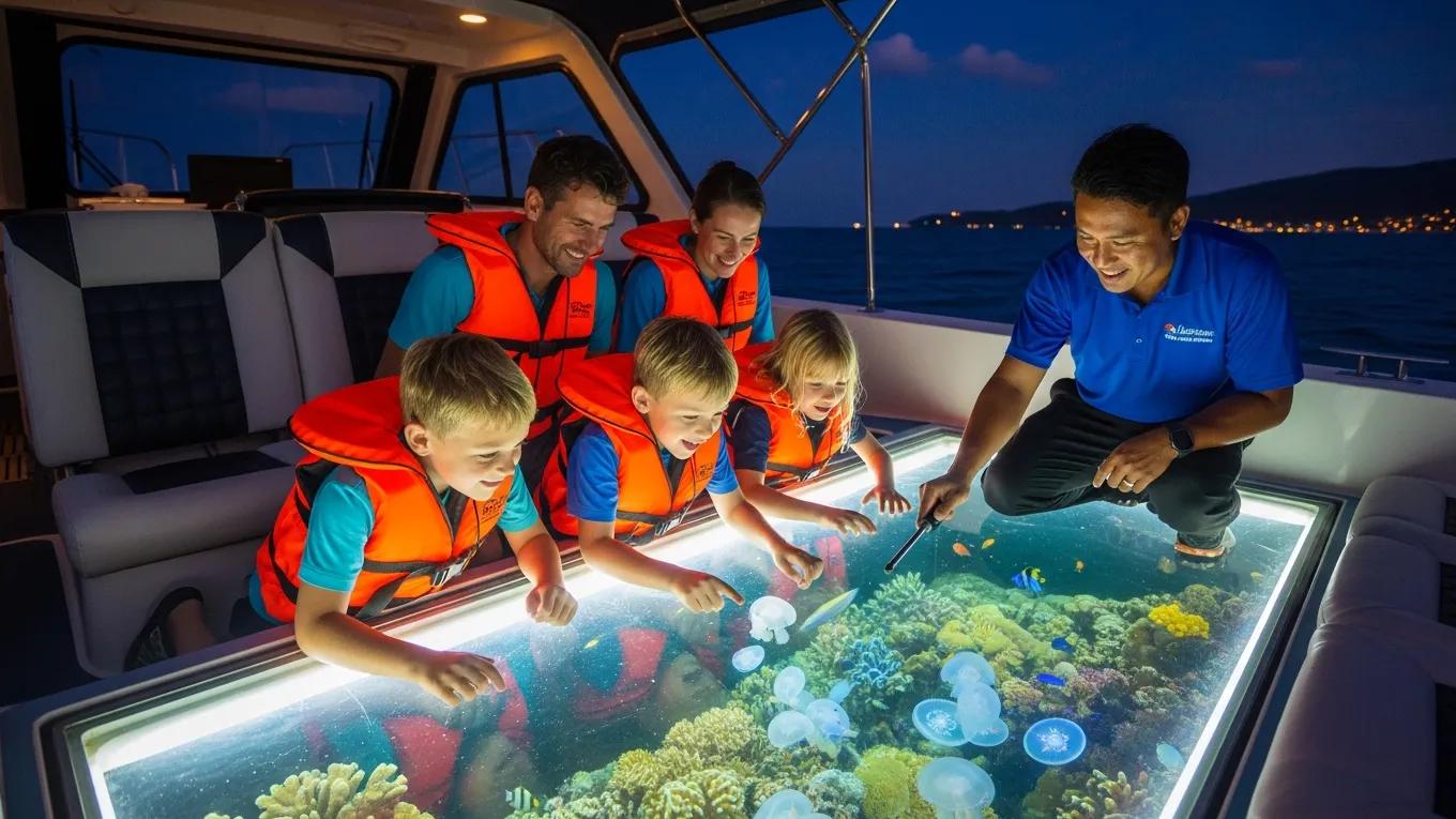 Family-friendly night glass bottom boat tour with children observing marine life