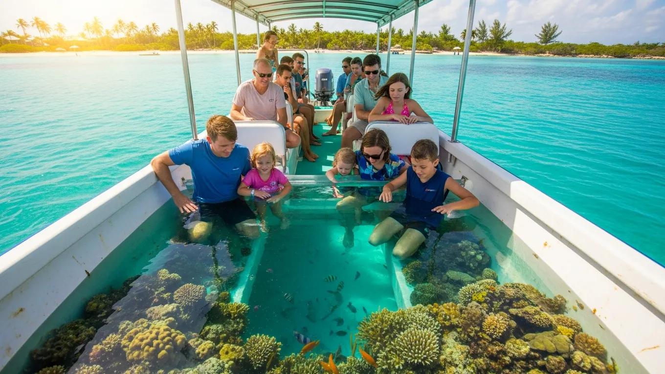 Glass bottom boat tour in the Florida Keys with passengers viewing coral reefs