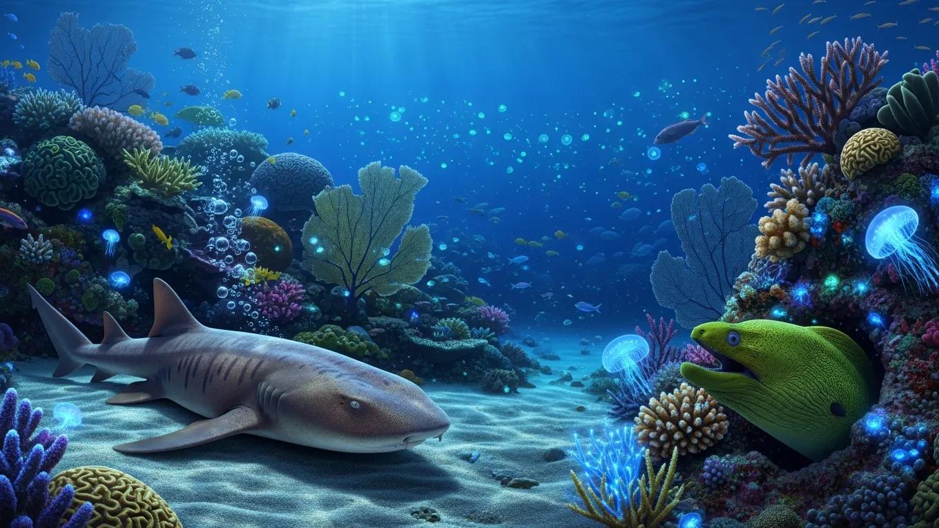 Nocturnal marine life in the Florida Keys, featuring nurse sharks and bioluminescent organisms