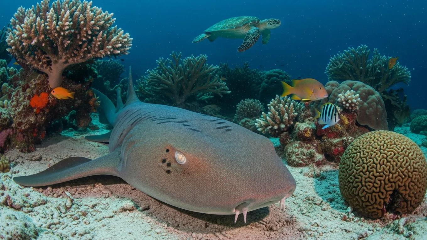 Nurse shark resting on the ocean floor at night, showcasing its unique features