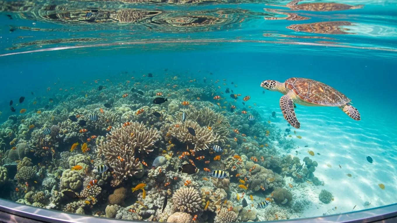 Underwater view from a glass bottom boat showing coral formations and tropical fish