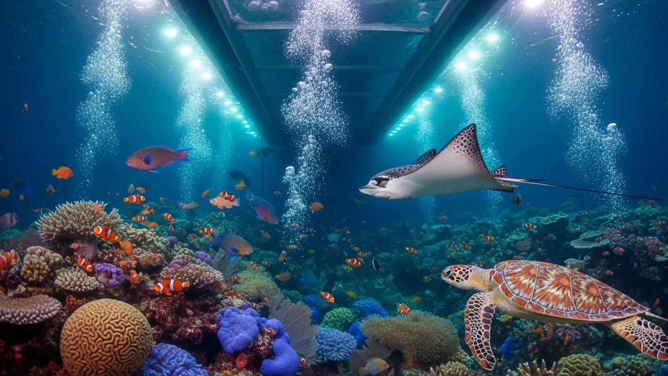 Underwater view of nocturnal marine life illuminated during the night glass bottom boat tour