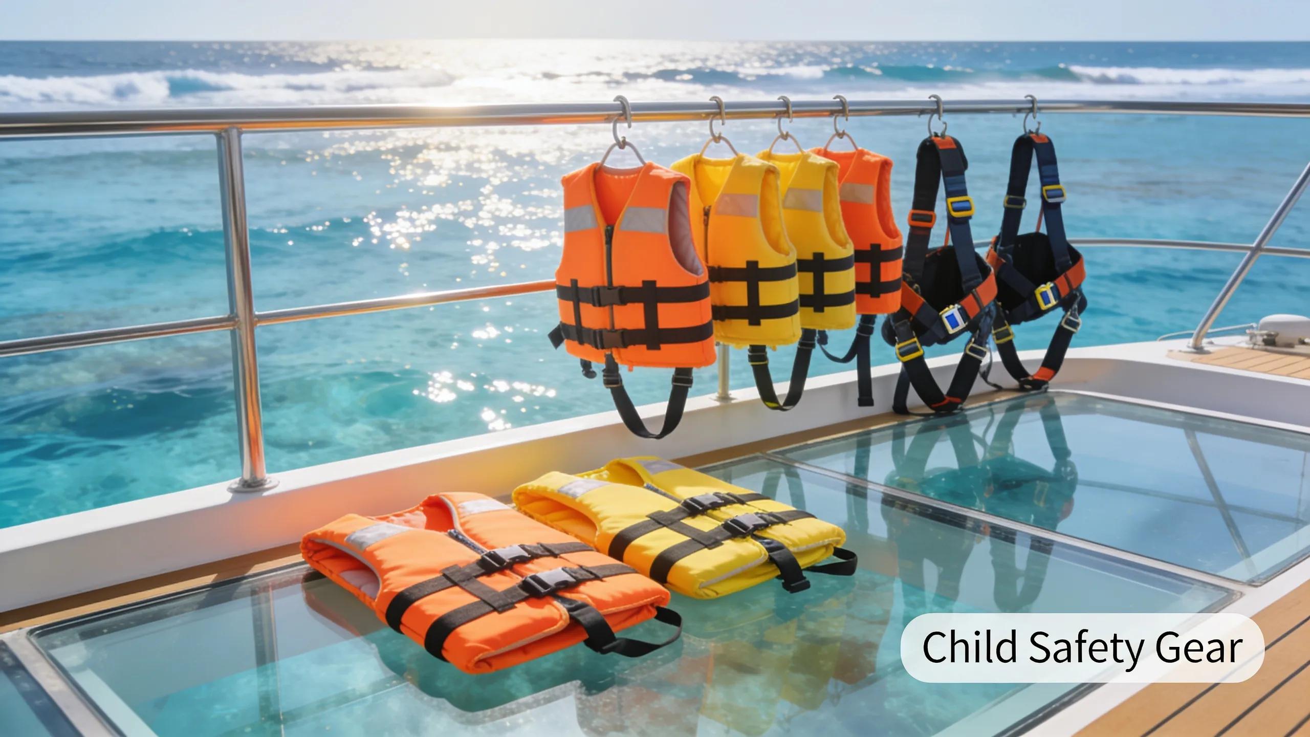 Safety equipment for children including life jackets and harnesses on a glass bottom boat