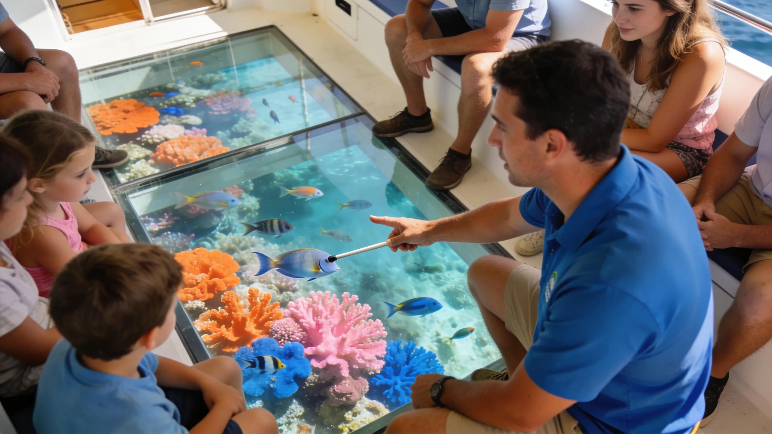 Guide educating guests about marine conservation on a glass bottom boat