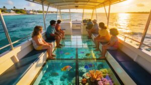 Families on a glass bottom boat tour in the Florida Keys observing colorful marine life