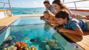 Family on a glass bottom boat in the Florida Keys observing colorful marine life
