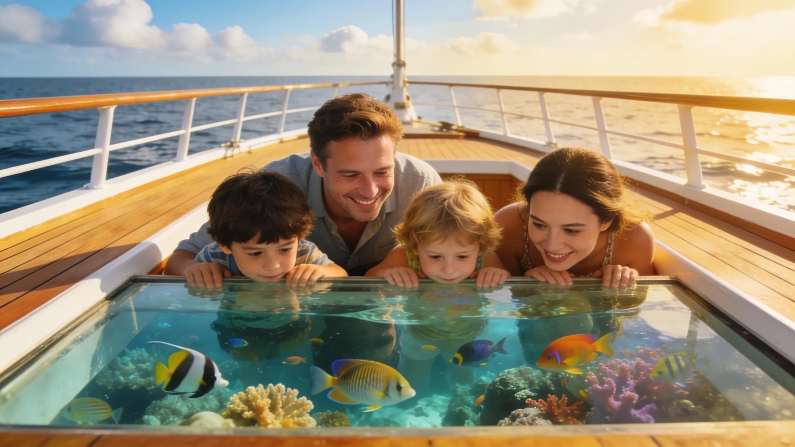 Family enjoying a glass bottom boat tour, observing marine life together